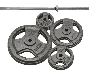 Zestaw obciążenie żeliwne 90kg (2x20, 2x10, 2x5kg, 4x2,5kg) 29mm + gryf prosty 180cm